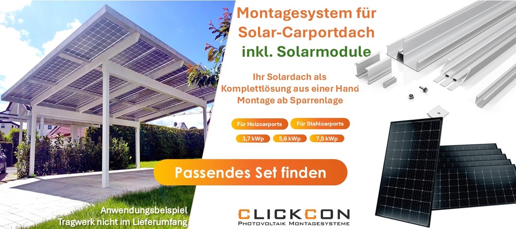Montagesystem für Carportdach + 18 Solarmodule 6 x 5,3 m 5,6kWp